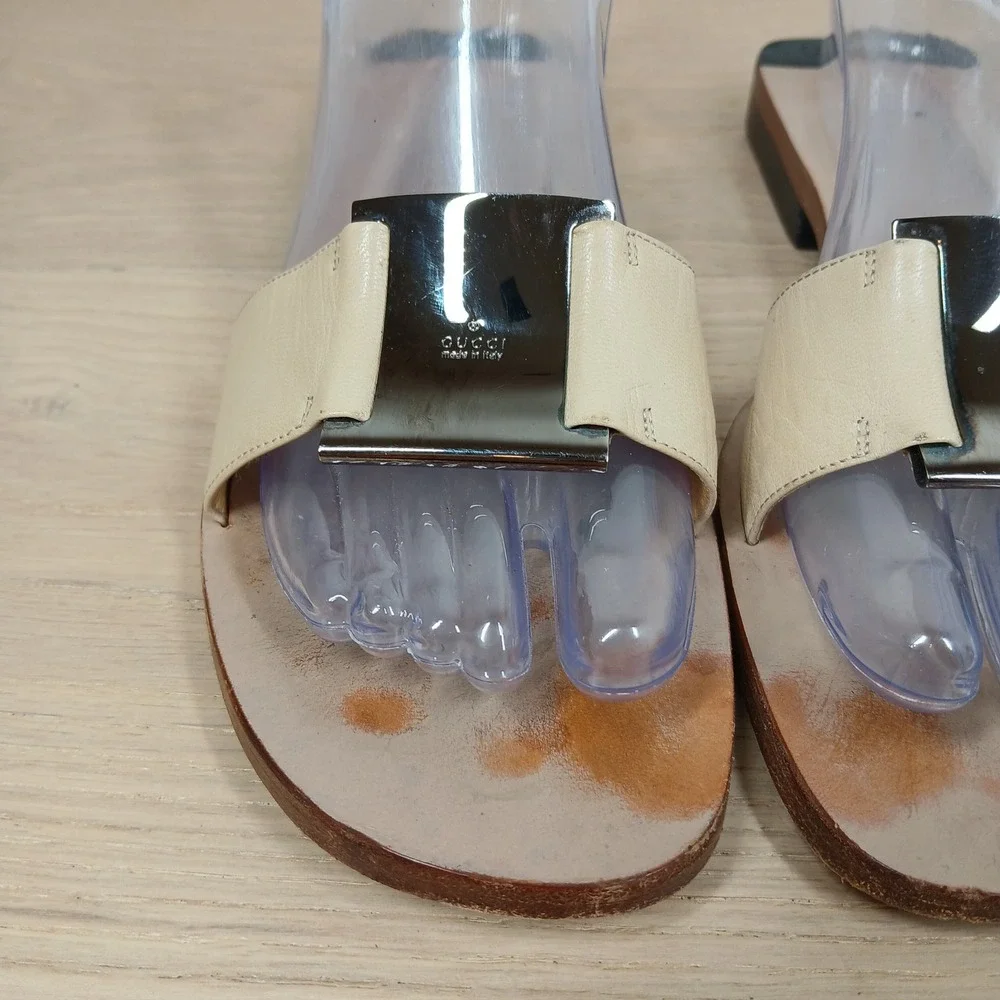 Gucci Sandals Womens 8 Ivory Leather Slide Wooden Flat Horsebit Italy - Picture 3 of 10